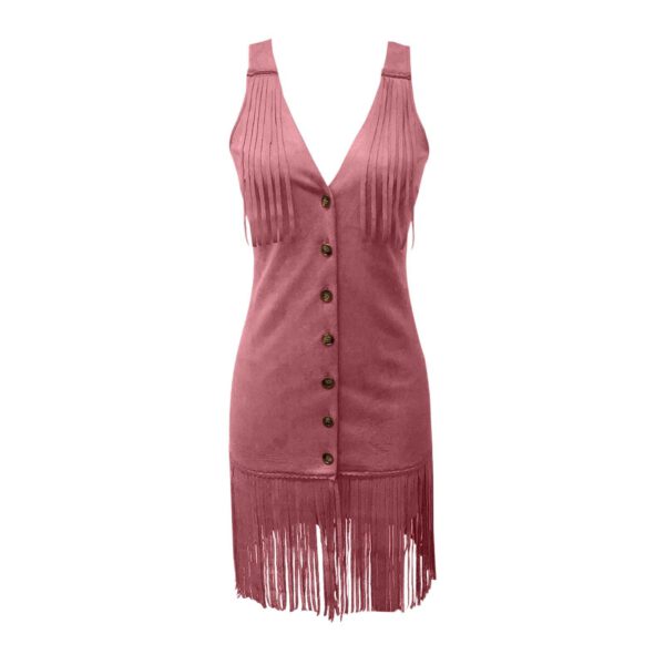Women's Western Style Vest Dress - V-Neck Button Front Mini Dress With Fringe Detail Summer Wear - Image 7
