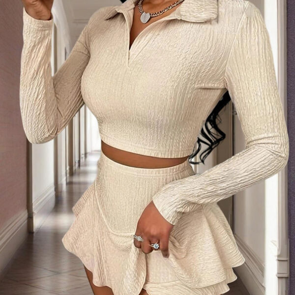 Women's Solid Color Lapel Crop Top & Asymmetrical Ruffle Skirt Set - Spring&Fall Vacation Outfit - Image 6