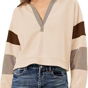 Fisoew Women's Long Sleeve Crop Tops Polo V Neck Color Block Casual Loose Pullover Cropped Sweatshirt