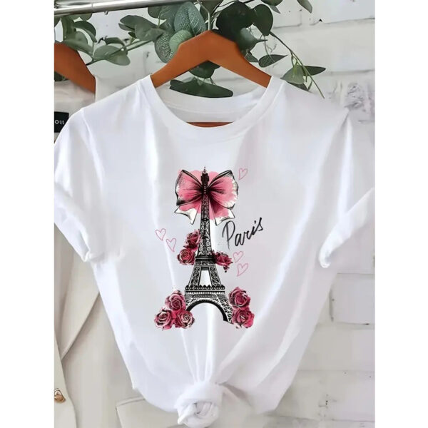 Women's Paris Eiffel Tower & Floral Bow Print Tee - Fashion Round Neck Summer Top - Image 2