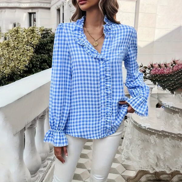Women's French Style Checkered Button-Up Shirt - Elegant Plaid Pattern, Stand Collar With Ruffled Cuffs, Comfortable Wear - Image 5