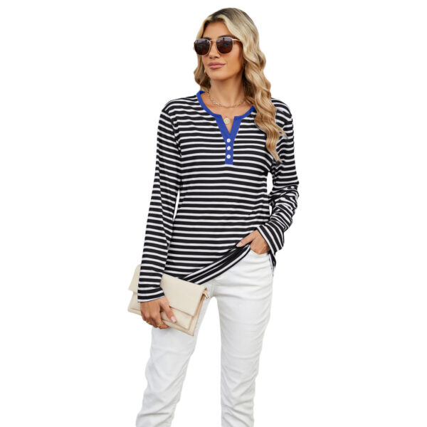 Women's V-neck Striped Loose Long-sleeved T-shirt Top - Image 6