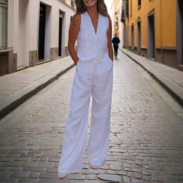Women's Solid Color V-Neck Vest Two-Piece Set Button Front Vest Top With Pocket Pants For Spring & Summer Casual Outfit - Image 3