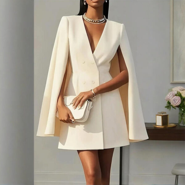 Women's Elegant Solid Color V Neck Double-Breasted Cape Blazer Dress Spring & Summer Party Banquet Outfit - Image 4