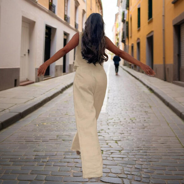 Women's Solid Color V-Neck Vest Two-Piece Set Button Front Vest Top With Pocket Pants For Spring & Summer Casual Outfit - Image 2