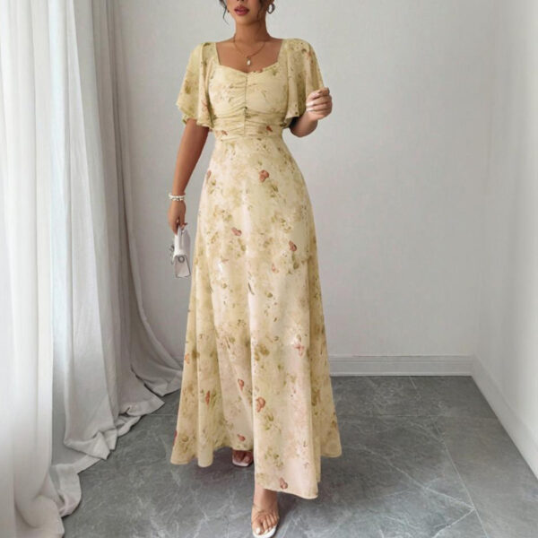 Women's Solid Color Square Neck Short Sleeve Butterfly Print Flowy Dress A-Line Summer Vacation Maxi Dress - Image 2