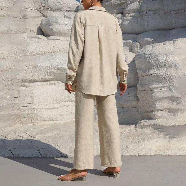 Women's Solid Color Lapel Long Sleeve Pants Set - Button-Up Casual Two-Piece Outfit With Drawstring Waist, Spring&Fall Lounge Wear - Image 2