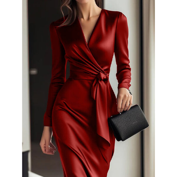 Women's Burgundy Satin Midi Dress Elegant V-Neck Long Sleeve Bodycon Dress With Belted Waist - Image 9