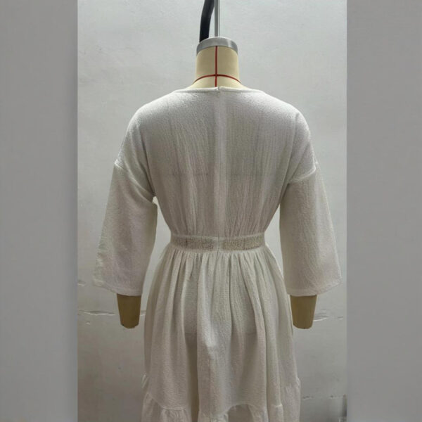 Women's Solid Color Deep V-Neck Long Sleeve Translucent Stitching Design Maxi Beach Bohemian Style Dress - Image 6