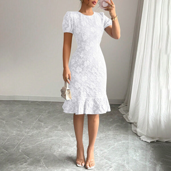 Women's Floral Jacquard Dress Women's Short Puff Sleeve Crew Neck Ruffle Hem Bodycon Dresses - Image 2