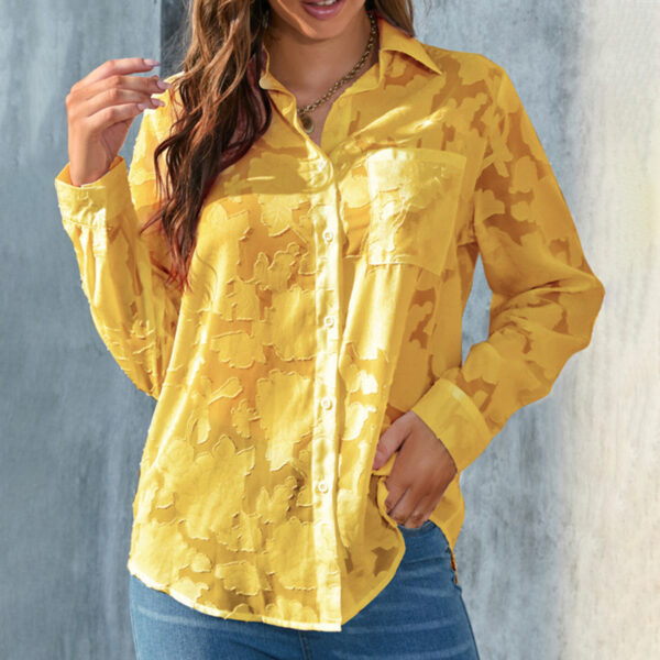 Womens Casual Sheer Button Down Shirts Long Sleeve V Neck Jacquard Blouses Tops - Image 5