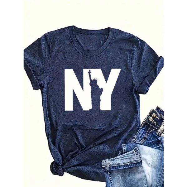 Women's Round Neck 'NY' & Statue Of Liberty Print Short Sleeve Tee - Summer Casual Top - Image 5