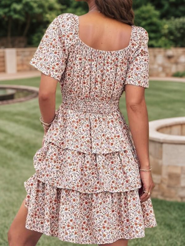2025 Women's New Floral Summer Short Dress Square Neck Short Sleeve Layered Folded Bohemian Pendant Skirt - Image 2