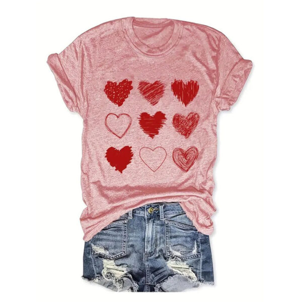 Women's Round Neck Short Sleeve T-Shirt With Patterned Heart Print, Casual Summer Tee - Image 2