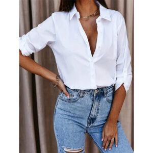 Women's Casual Long Sleeve Button-Down Shirt With Roll-Up Sleeves, Stylish Mid-Length Blouse For Everyday Wear