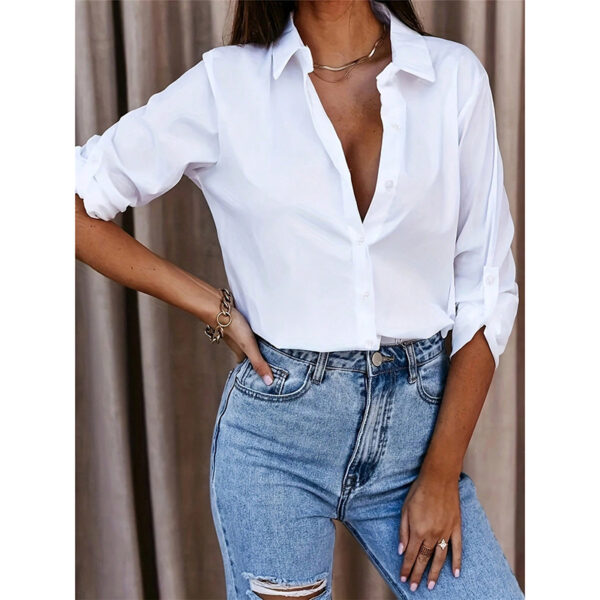 Women's Casual Long Sleeve Button-Down Shirt With Roll-Up Sleeves, Stylish Mid-Length Blouse For Everyday Wear