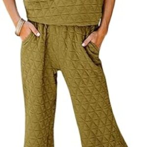 Fazortev Women's 2 Piece Outfits Quilted Lightweight Short Sleeve Tops And Cropped Pants Lounge Set