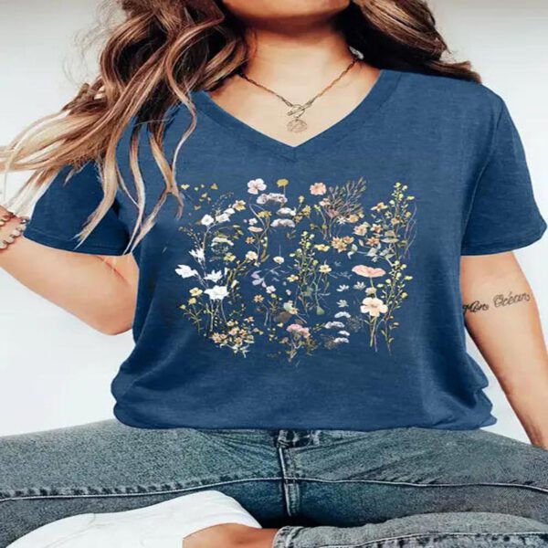 Women's V-Neck Short Sleeve Tee Delicate Floral Print - Summer Casual Top - Image 4
