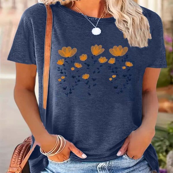 Women's Yellow Floral Print Short Sleeve Tee - Summer Round Neck Casual Top
