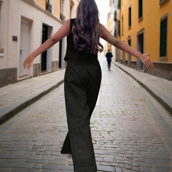 Women's Solid Color V-Neck Vest Two-Piece Set Button Front Vest Top With Pocket Pants For Spring & Summer Casual Outfit - Image 9