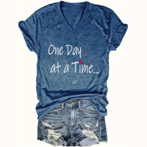 Women's V-Neck Short Sleeve T-Shirt - 'One Day At A Time' Inspirational Print Casual Summer Top