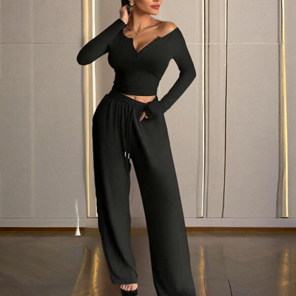 Women's Solid Color Fall&Winter Pants Set - Sexy V-Neck Button-Up Fitted Long Sleeve T-Shirt & High-Waist Flared Wide-Leg Stretchy Pants - Image 9