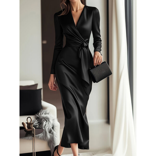 Women's Burgundy Satin Midi Dress Elegant V-Neck Long Sleeve Bodycon Dress With Belted Waist - Image 3