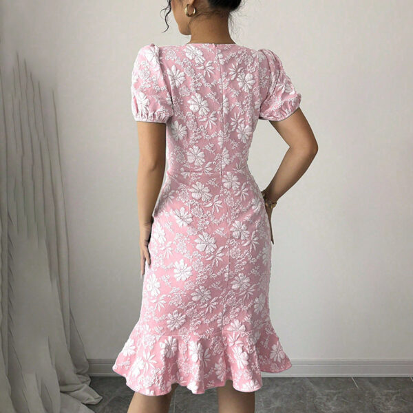 Women's Floral Jacquard Dress Women's Short Puff Sleeve Crew Neck Ruffle Hem Bodycon Dresses - Image 8