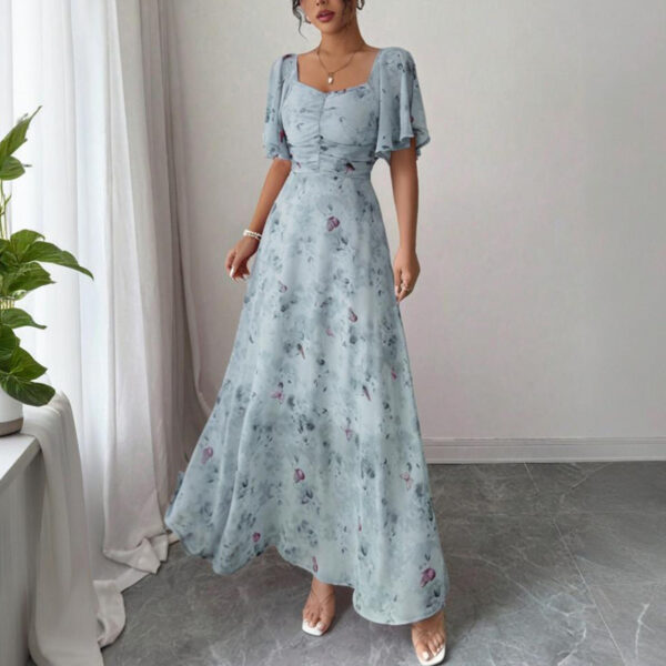 Women's Solid Color Square Neck Short Sleeve Butterfly Print Flowy Dress A-Line Summer Vacation Maxi Dress - Image 8