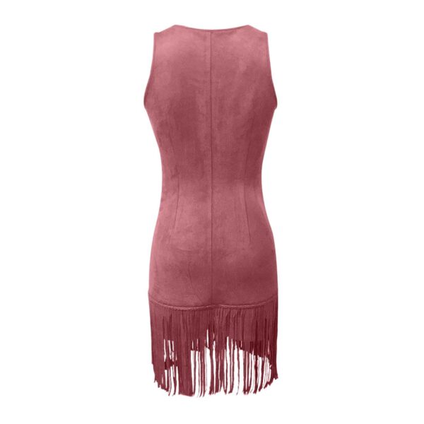 Women's Western Style Vest Dress - V-Neck Button Front Mini Dress With Fringe Detail Summer Wear - Image 4