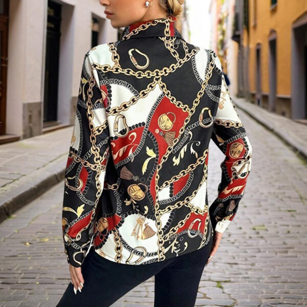Women's Lapel Long Sleeve Shirt - Fitted Cut Intricate Print Button-Up Design Casual Spring&Fall Wear - Image 7