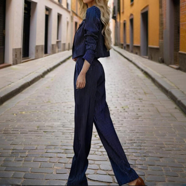 Women's Solid & Striped Long Sleeve Blazer Suit Set - Button-Up Cropped Top With Pleated Pants, Office Work Wear - Image 10