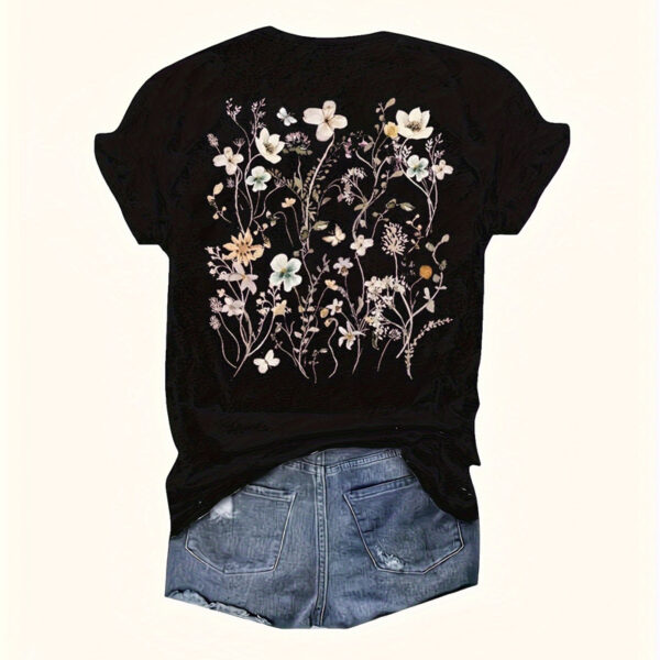 Women's Round Neck Short Sleeve T-Shirt - Front & Back Floral Print Summer Casual Tee - Image 3