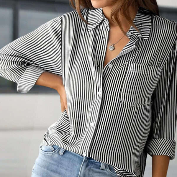 Women's Elegant Striped Long Sleeve Shirt - Pointed Lapel Collar With Chest Pocket, Button-Up Casual Blouse For Spring&Fall - Image 4