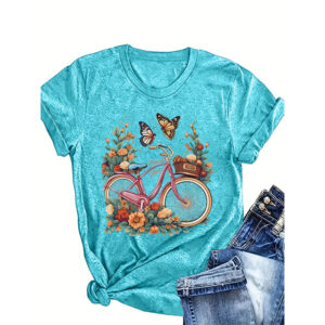 Women's Bicycle Floral Butterfly Print T-Shirt - Artistic Casual Crewneck Summer Tee
