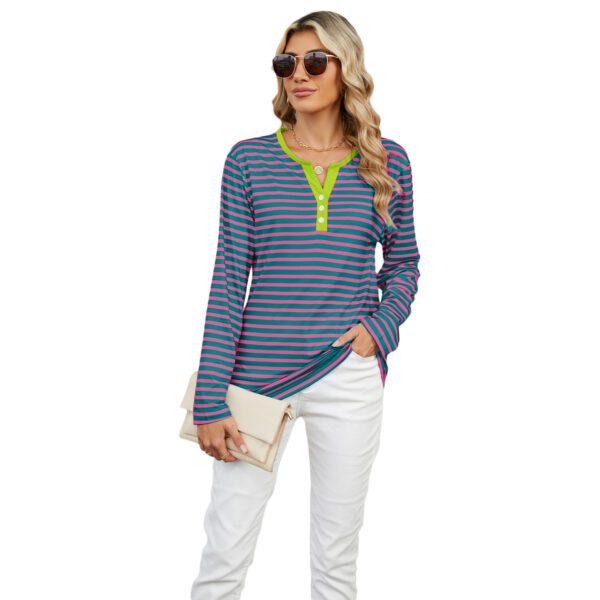 Women's V-neck Striped Loose Long-sleeved T-shirt Top - Image 7