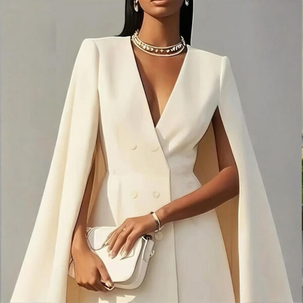 Women's Elegant Solid Color V Neck Double-Breasted Cape Blazer Dress Spring & Summer Party Banquet Outfit - Image 2