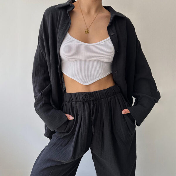 Women's Solid Color Lapel Collar Long Sleeve Shirt & High-Waist Pants Set - Casual Loose Fit Spring&Summer Outfit - Image 4