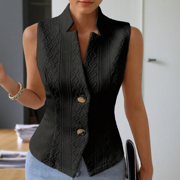 Women's Elegant Solid Color Stand Collar Sleeveless Vest - Ribbed & Button Detail Summer Casual Outerwear - Image 8