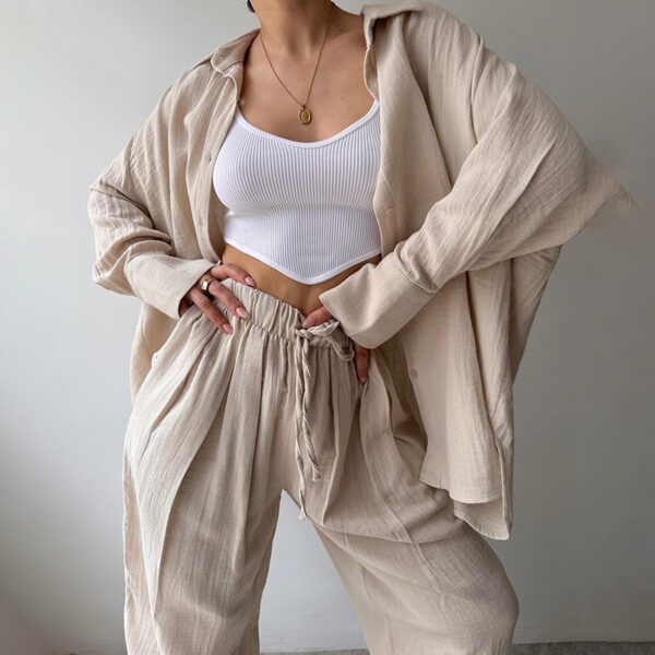 Women's Solid Color Lapel Collar Long Sleeve Shirt & High-Waist Pants Set - Casual Loose Fit Spring&Summer Outfit - Image 2