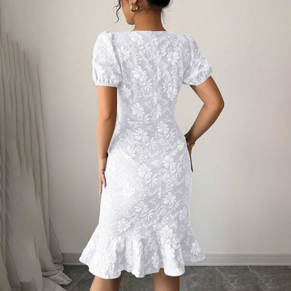 Women's Floral Jacquard Dress Women's Short Puff Sleeve Crew Neck Ruffle Hem Bodycon Dresses - Image 3