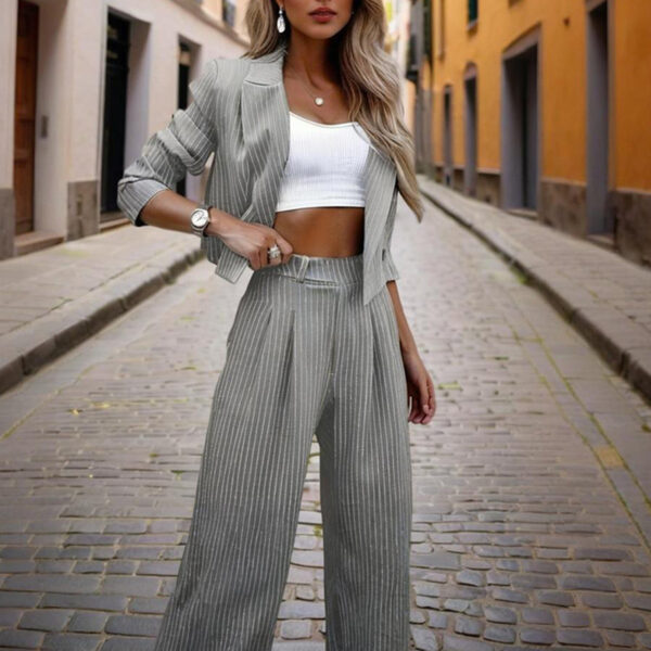 Women's Solid & Striped Long Sleeve Blazer Suit Set - Button-Up Cropped Top With Pleated Pants, Office Work Wear