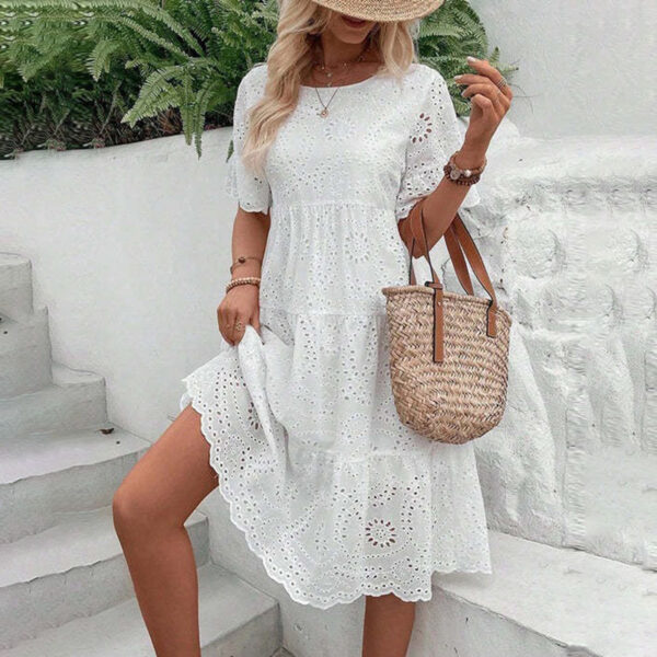 Women's Round Neck Embroidered Lace Short Sleeve A-Line Elegant Summer Vacation Dress - Image 8