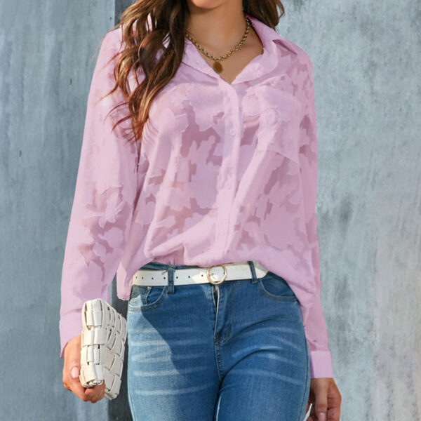 Womens Casual Sheer Button Down Shirts Long Sleeve V Neck Jacquard Blouses Tops - Image 3
