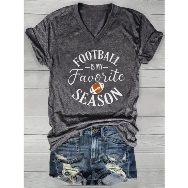 Women's V-Neck Short Sleeve T-Shirt With Letter & Football Print, Casual Summer Tee - Image 2