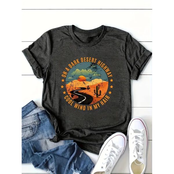 Women Retro Desert Highway T-Shirt Funny Nature Graphic Tee Casual Short Sleeve Tee Tops