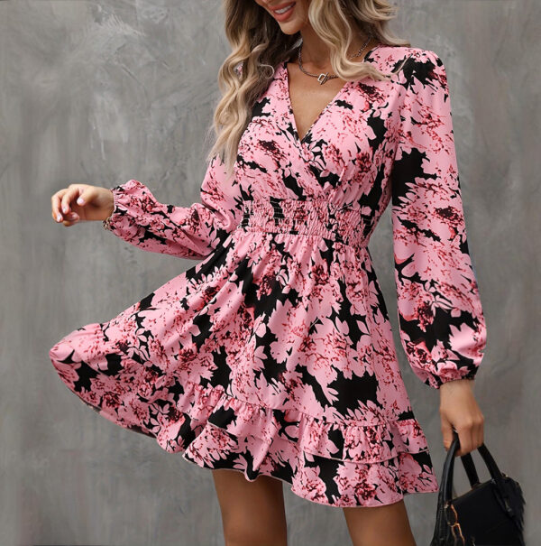 Women's Elegant Printed Lantern Sleeve A-Line Dress V-Neck, Ruffled Gathered Waist Detail, Flowy Midi Dress For Casual & Formal Occasions - Image 6