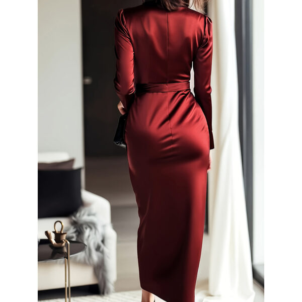 Women's Burgundy Satin Midi Dress Elegant V-Neck Long Sleeve Bodycon Dress With Belted Waist - Image 8