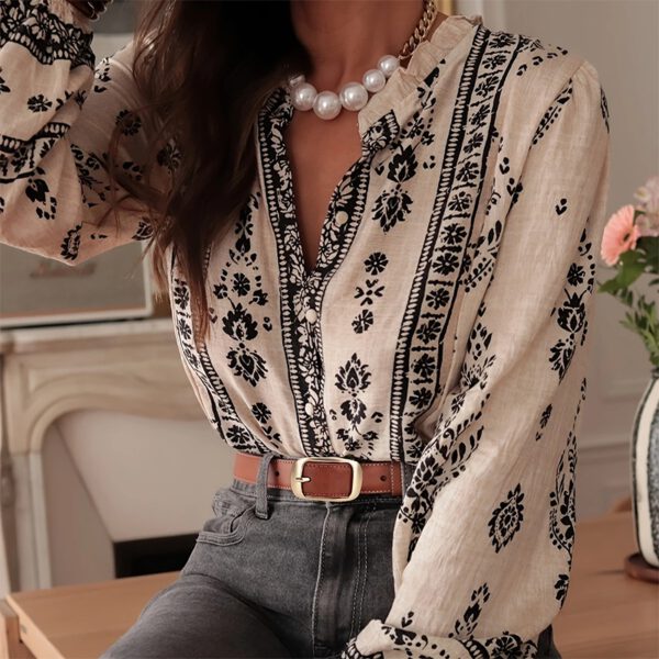 Women's Elegant Printed Blouse - Flowy Boho Shirt With Lantern Sleeves & Lace Trim, Vintage Ethnic Style Loose Top For Spring&Fall - Image 5