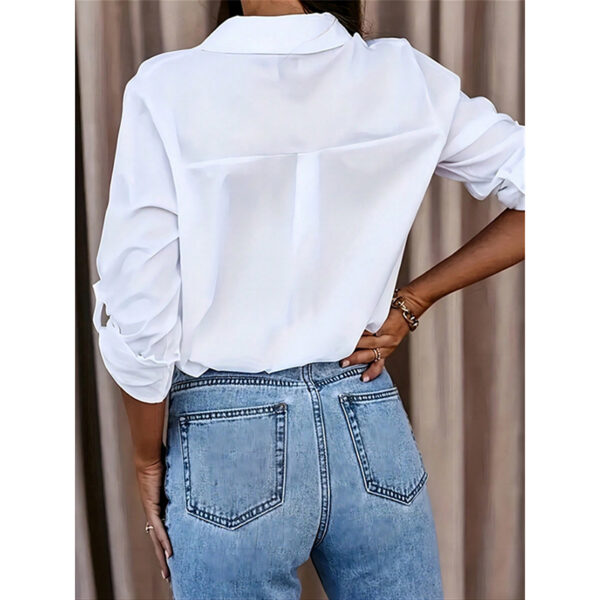 Women's Casual Long Sleeve Button-Down Shirt With Roll-Up Sleeves, Stylish Mid-Length Blouse For Everyday Wear - Image 5